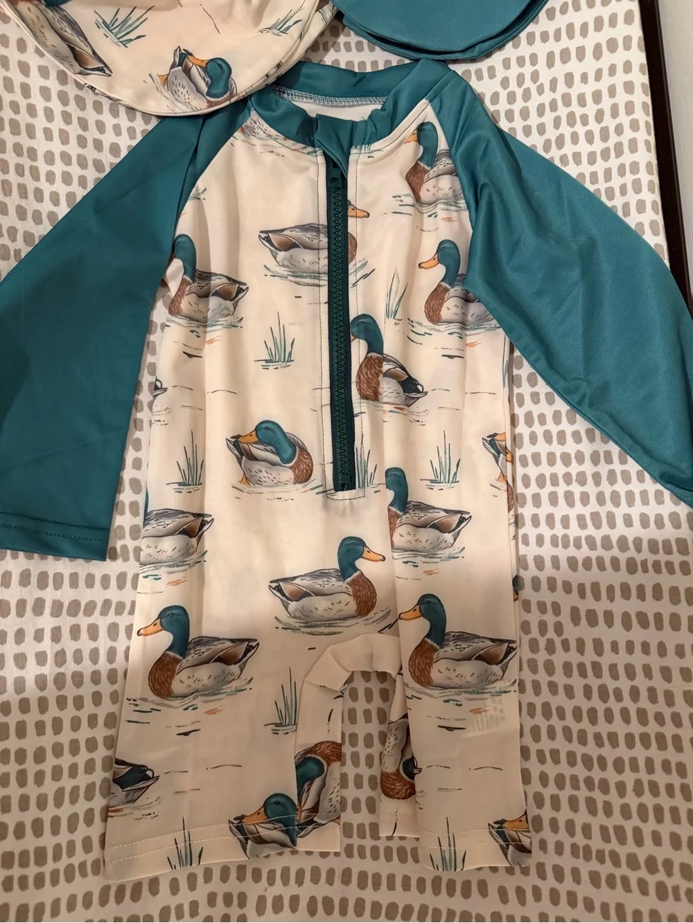 Duck-Print Teal & Cream Kids Rashguard Swimsuit with Sun Hat